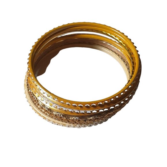 Yellow Gold Tone Metal Bangle Bracelets Set of 10 Fashion Costume 2.5 Inch - Picture 2 of 6